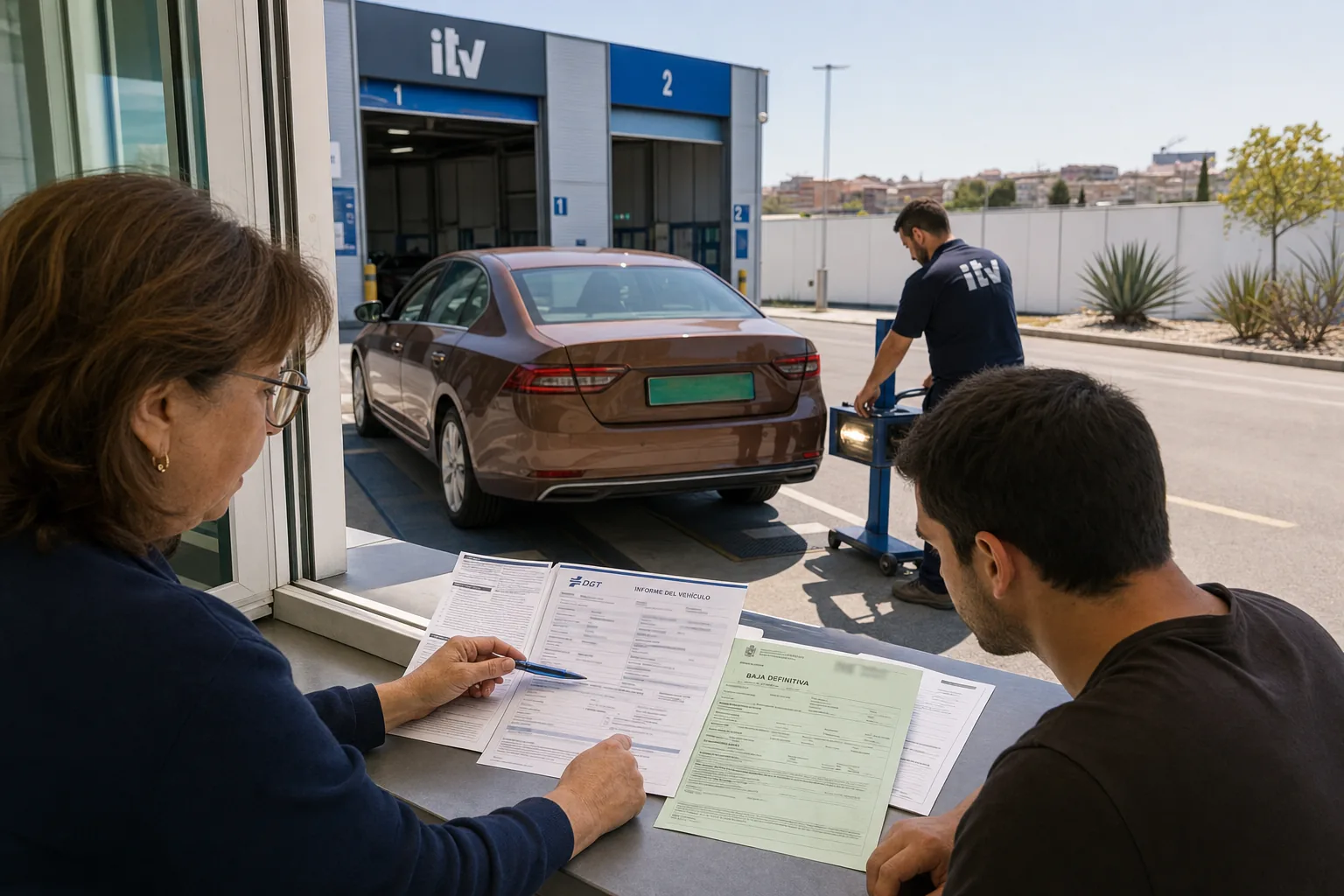 Dvije osobe provjeravaju dokumente automobila na stanici za tehnički pregled ITV u Španjolskoj.