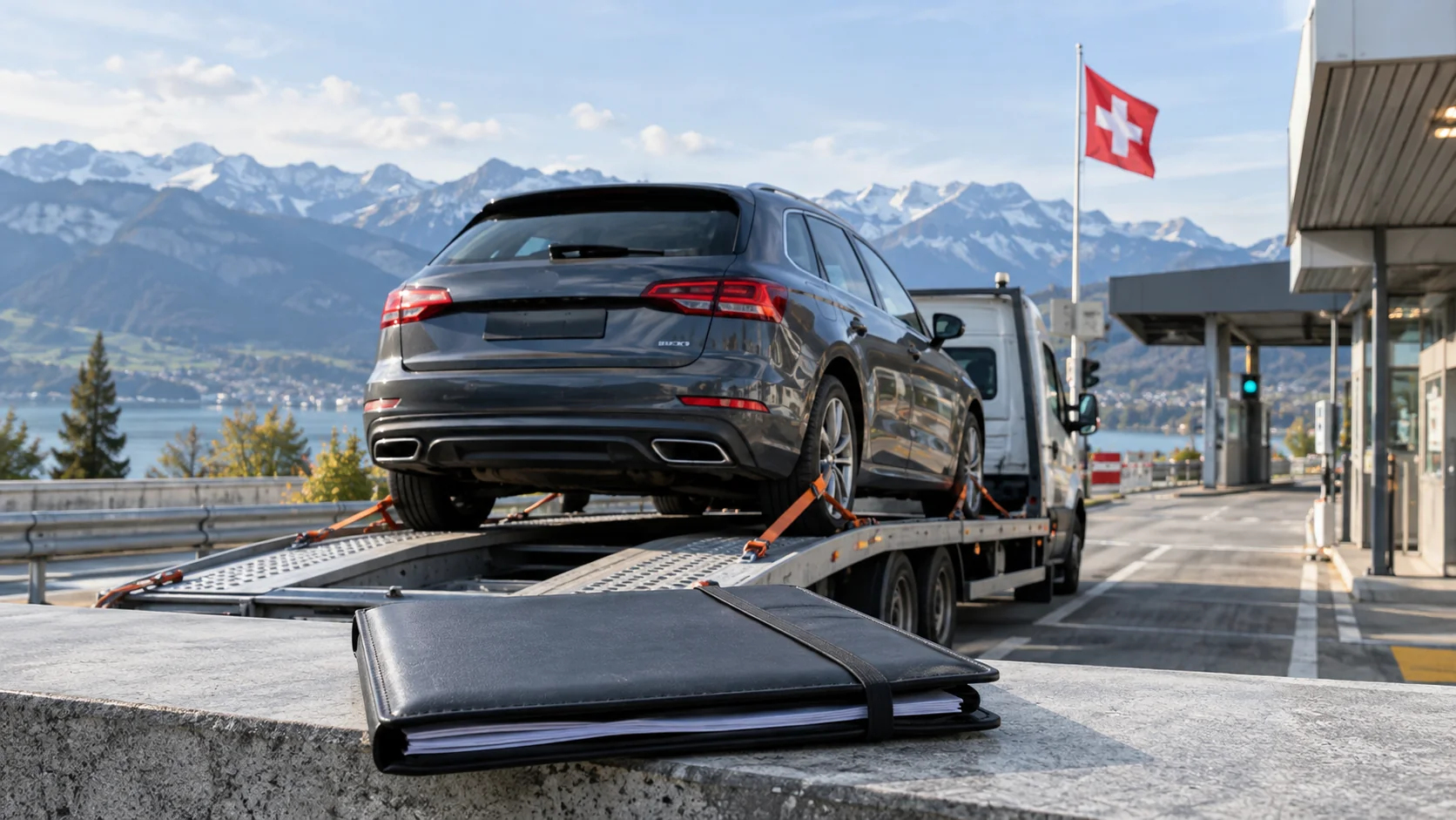 Automobil na autotransporteru u Švicarskoj, s mapom dokumenata u prvom planu.