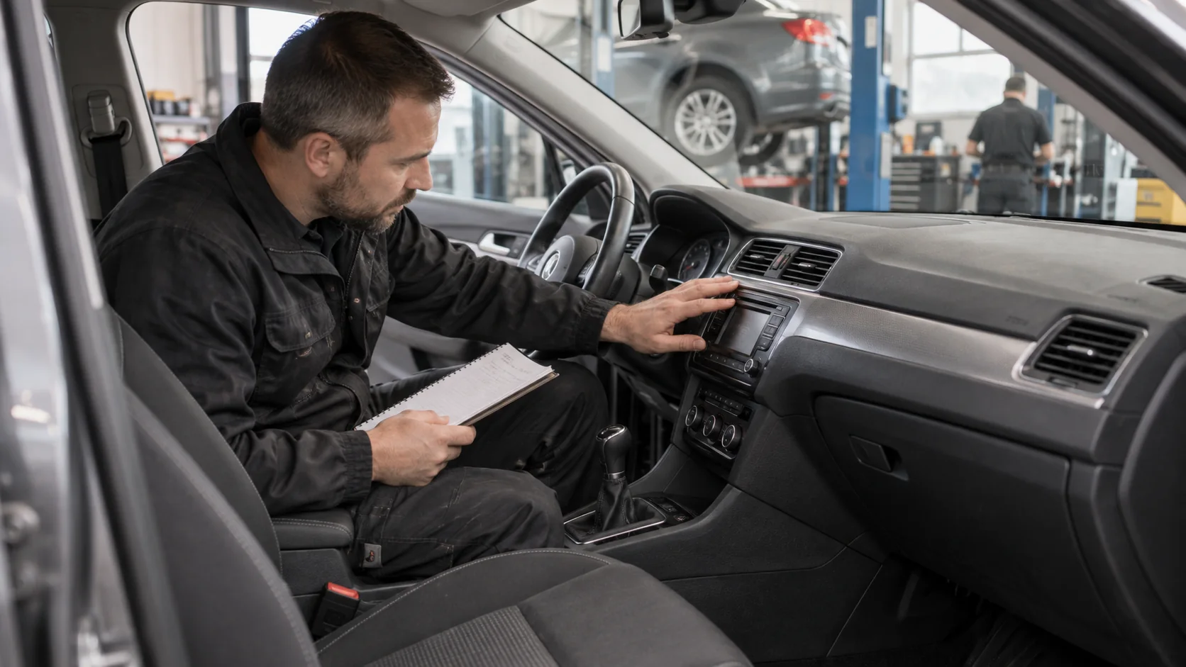 Stručnjak provjerava nadzornu ploču automobila i zapisuje podatke.