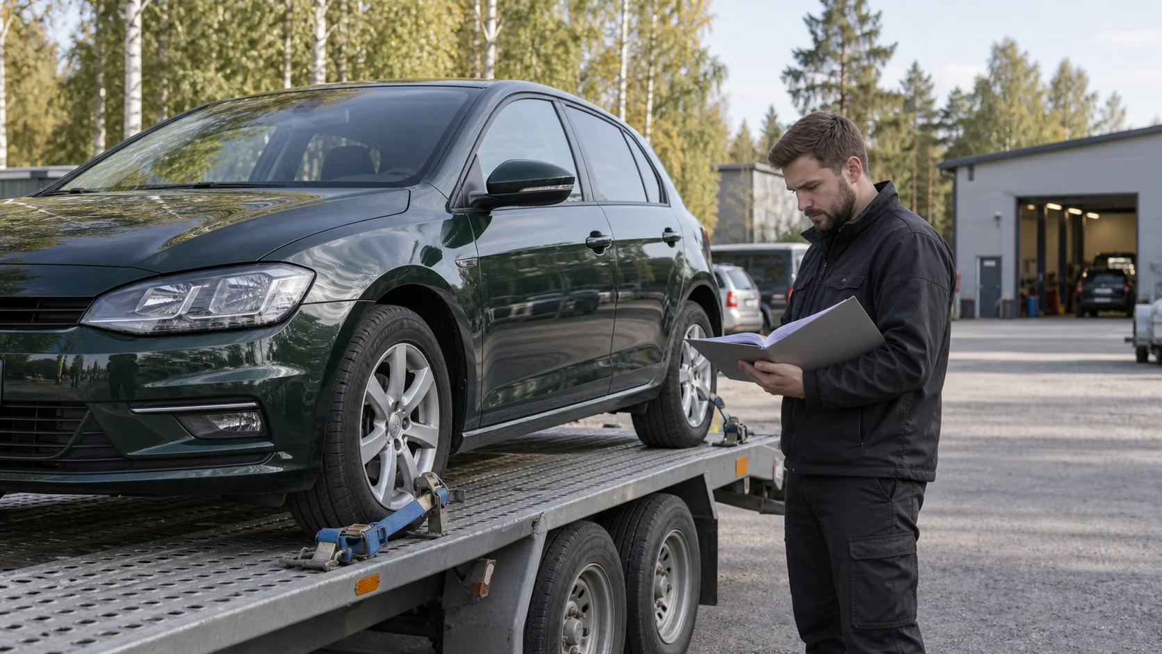 Stručnjak provjerava dokumente uz automobil pričvršćen na prikolicu.