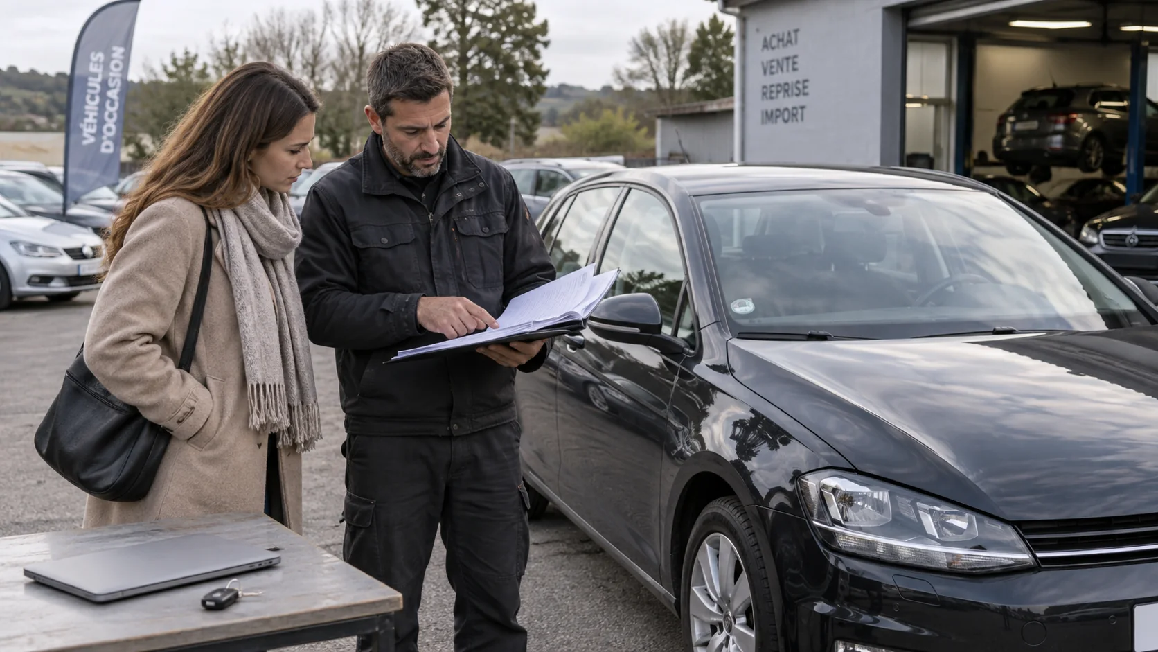 Dvije osobe uspoređuju dokumente uz rabljeni automobil.