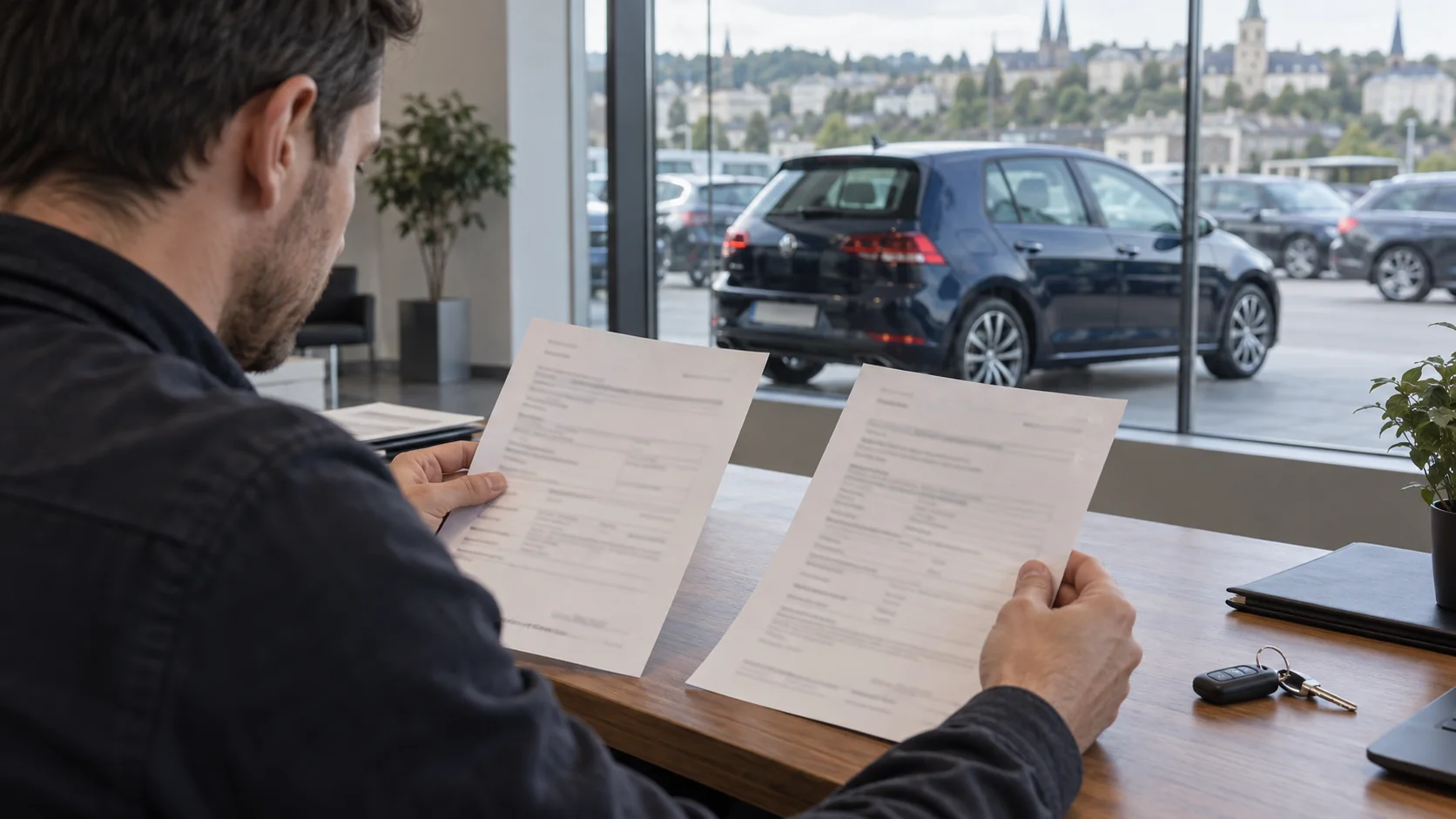 Stručnjak uspoređuje dva dokumenta za stolom, a u pozadini su automobili.