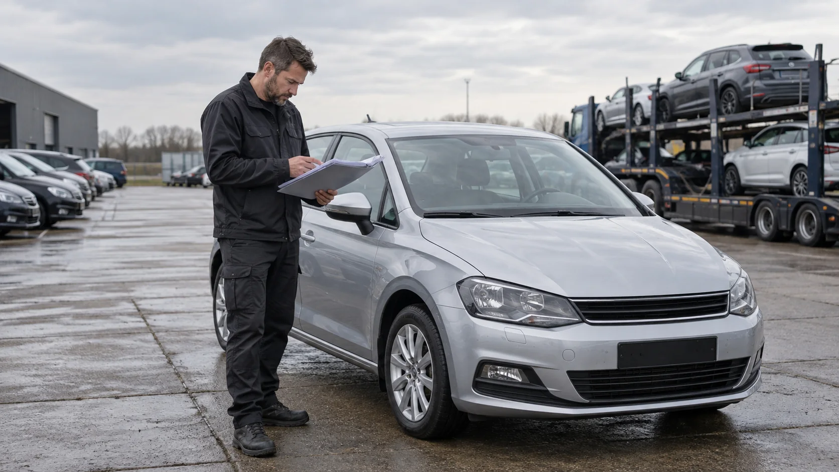Stručnjak provjerava dokumente uz automobil, a u pozadini je autotransporter.
