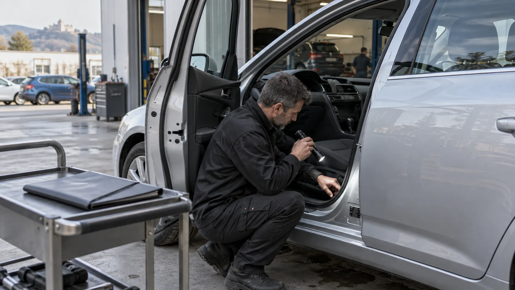Stručnjak svjetiljkom pregledava prag i identifikacijsko područje automobila.