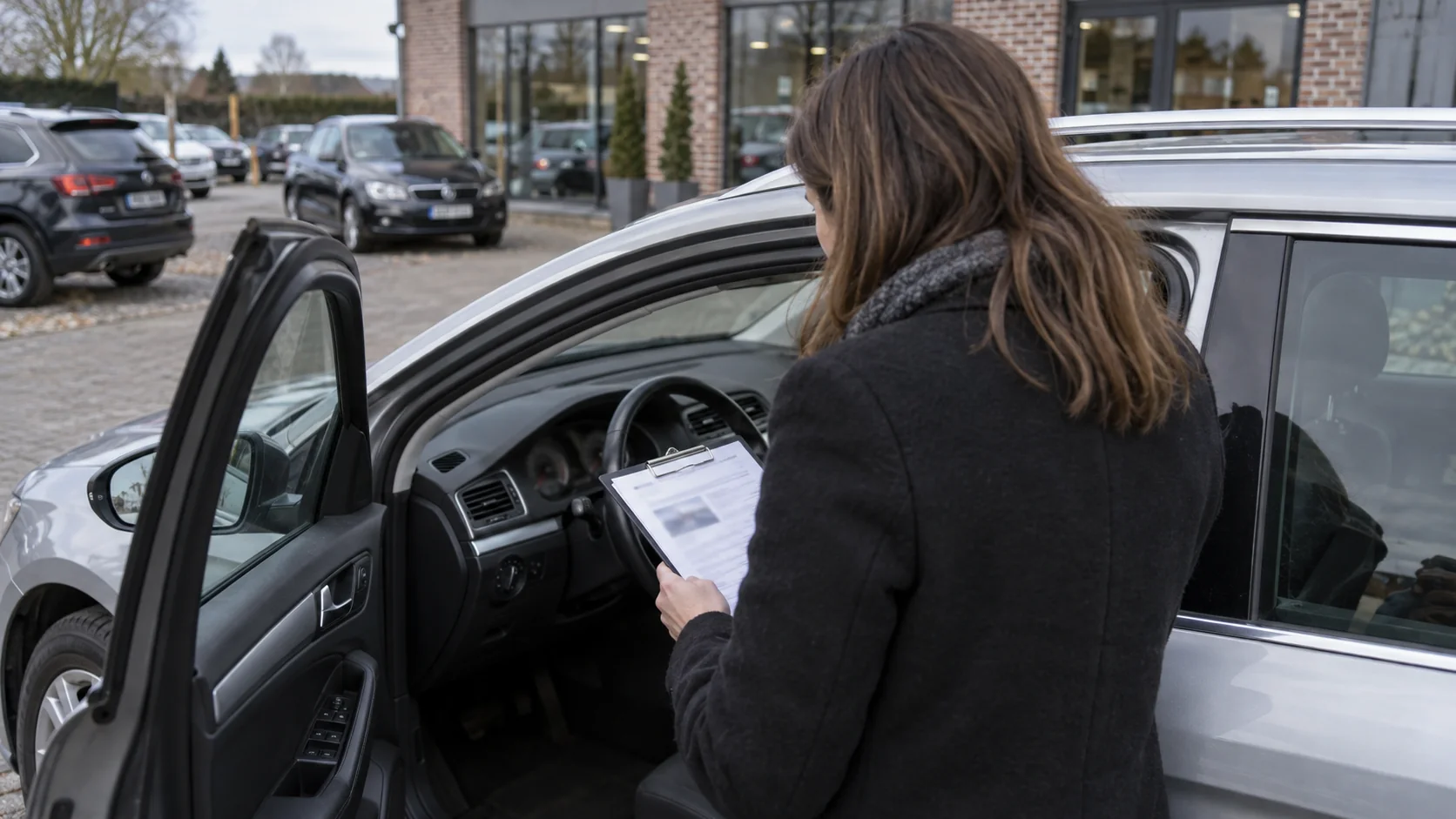Stručnjakinja provjerava dokumente uz otvorena vrata automobila.